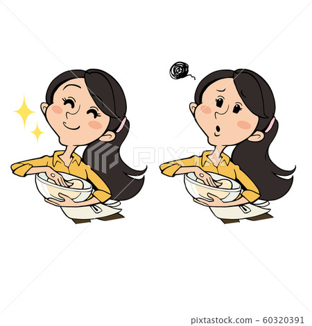 一個穿著圍裙的女人,揉著粉:微笑和尷尬的表情 一個穿著圍裙的女人,揉著粉:微笑和尷尬的表情 60320391