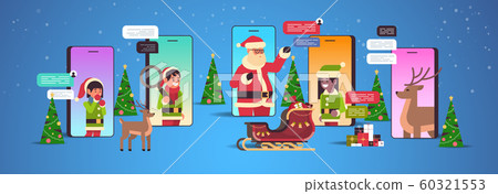 santa claus with elves helpers using chatting app social network communication new year christmas holidays celebration concept smartphone screen online mobile application portrait horizontal 60321553