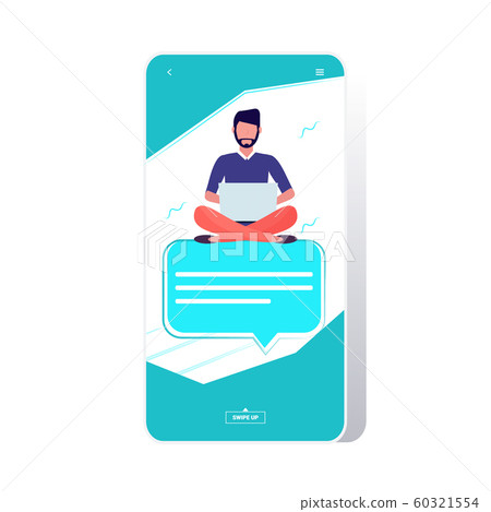 man using laptop computer chatting app social network communication concept guy sitting on chat bubble speech online messaging application full length 60321554