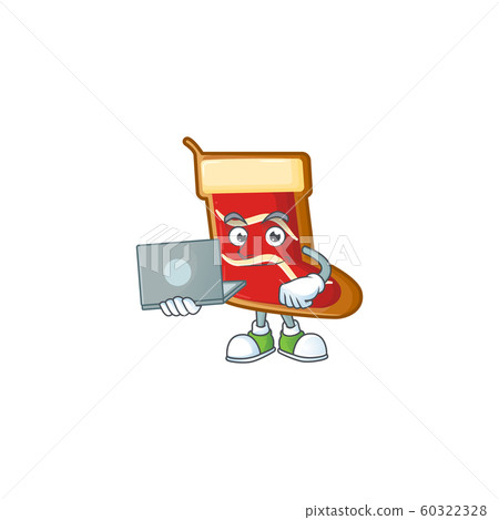 Happy smiling santa shoes cookies cartoon character working with laptop 60322328