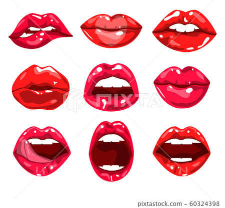 Red glossy lips and female mouth expressing different emotions set 60324398