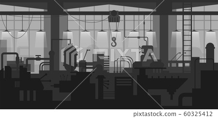Factory plant interior with conveyor and manufacturing equipment in grey 60325412
