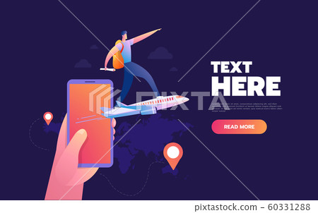 Smartphone application for buying flight tickets. Vector 3d illustration of phone and airplene. Online travel agency concept. 60331288