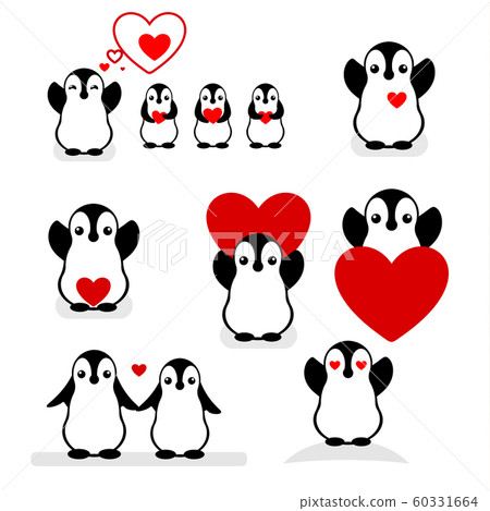 Isolated vector penguin logo. Designed animals icon. Cartoon illustration. Winter signs. Black, white and red. Graphic set for St.Valentines Day.Flat heart symbol. Love greeting card. Amour collection 60331664
