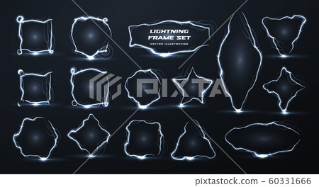 Lightning vector creative realistic borders set. Electricity empty geometric frames isolated pack. Square, circle, star shapes in the form of electric discharge, current, lightning strike illustration 60331666