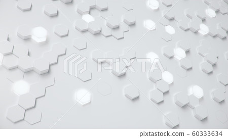 White geometric hexagonal abstract background. Surface polygon pattern with glowing hexagons, honeycomb. Abstract white self-luminous hexagons. Futuristic abstract background 3D Illustration 60333634
