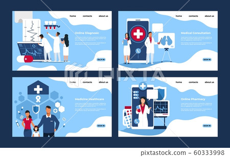 Pharmacy landing page. Medical web site mockups with cartoon people characters, online pharmacy and store concept. Vector set 60333998