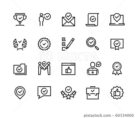 Approve line icons. Quality guaranteed payment approval and verification certificate outline symbols. Vector check mark set Approve line icons. Quality guaranteed payment approval and verification certificate outline symbols. Vector check mark set 60334000