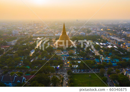 Aerial top view of Phra Pathommachedi temple at 60340875