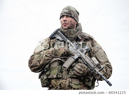 Portrait of modern army infantryman on march 60341225