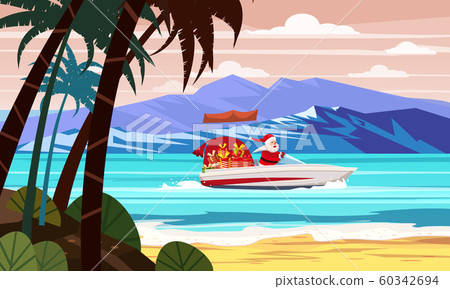 Merry Christmas Santa Claus on speed boat on ocean sea tropical island palms mountains seaside. Vector illustration isolated cartoon style 60342694