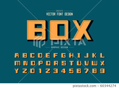 Orange font and black shadow alphabet vector, Bold square typeface letter and number design, Graphic text on blue background 60344274