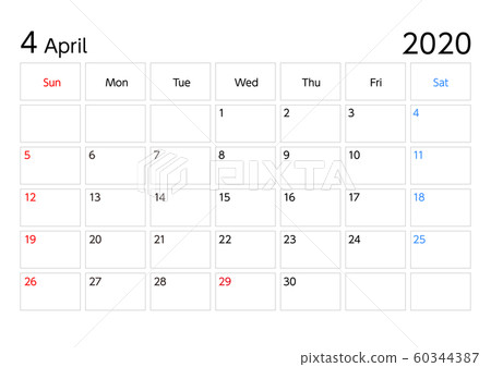 2020年4月日曆太陽開始a4比率景觀 插圖素材 60344387 Pixta圖庫