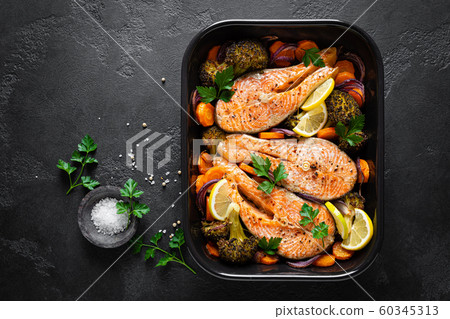 Salmon. Baked salmon fish steaks with vegetables, Salmon. Baked salmon fish steaks with vegetables, 60345313