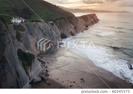 Coast Landscape Of Famous Flysch In Zumaia at sunset, Basque Country, Spain. Famous Geological 60345573