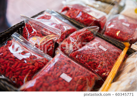 Dried Goji Berries In Plastic Bags At Local Market Dried Goji Berries In Plastic Bags At Local Market 60345771