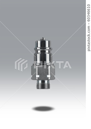 Euro standard Hydraulic quick coupler best for quick connect fitting coupling. Made of stainless steel for join hose oil, water and air. Isolated on gray background with shadow. Euro standard Hydraulic quick coupler best for quick connect fitting coupling. Made of stainless steel for join hose oil, water and air. Isolated on gray background with shadow. 60346610