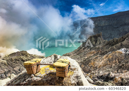 Baskets of sulfur at Kawah Ijen volcano, Java, 60346820
