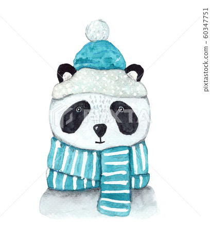 Christmas watercolor panda in blue scarf and hat 60347751