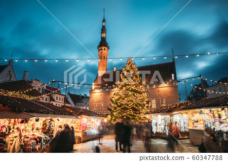 Tallinn, Estonia. Traditional Christmas Market On Town Hall Square. Christmas Tree And Trading Houses. Famous Landmark. 60347788
