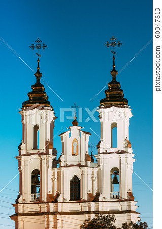 Vitebsk, Belarus. Evening Night View Of Church Of Resurrection Of Christ Upper Church On Background Night Sky. Blue Hour Time Vitebsk, Belarus. Evening Night View Of Church Of Resurrection Of Christ Upper Church On Background Night Sky. Blue Hour Time 60347813