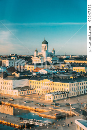 Helsinki, Finland. Aerial View Street With Presidential Palace And Helsinki Cathedral In Winter Day Helsinki, Finland. Aerial View Street With Presidential Palace And Helsinki Cathedral In Winter Day 60347831