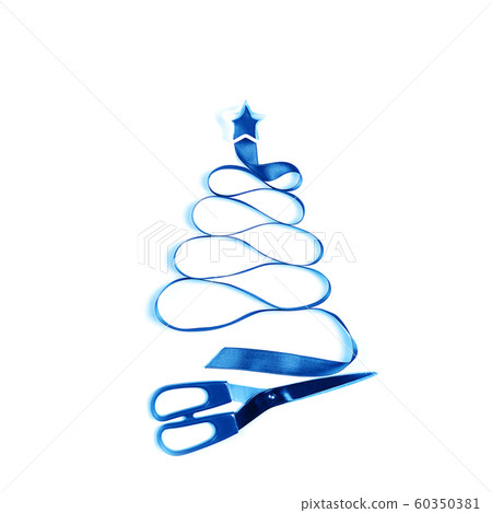 Christmas tree made from blue satin ribbon with scissors on white background. Christmas tree made from blue satin ribbon with scissors on white background. 60350381