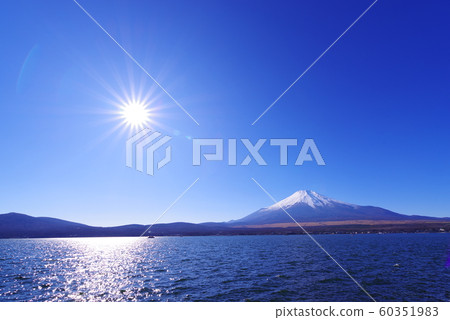Mt. Fuji and the blue sky seen from the shore of Lake Yamanaka Mt. Fuji and the blue sky seen from the shore of Lake Yamanaka 60351983
