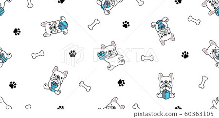 dog seamless pattern Birthday gift box Christmas vector french bulldog Santa Claus hat scarf isolated cartoon repeat background tile wallpaper illustration white design 60363105