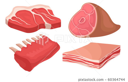 Meat Collection, Different Meat Parts Assortment, Fresh Organic Farm Products Vector Illustration 60364744