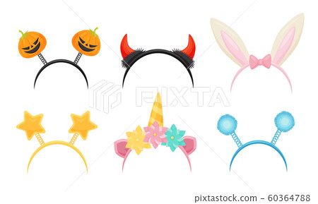 Collection of Cute Headbands for Carnival Party, Rabbit Ears, Devil and Unicorn Horns, Pumpkins, Stars and Balls on Springs Vector Illustration Collection of Cute Headbands for Carnival Party, Rabbit Ears, Devil and Unicorn Horns, Pumpkins, Stars and Balls on Springs Vector Illustration 60364788