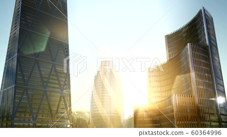 city skyscrapes with lense flairs at sunset 60364996