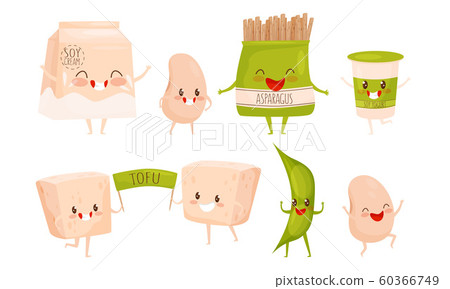 Soy Bean Products Cartoon Characters with Happy Funny Faces Collection Vector Illustration