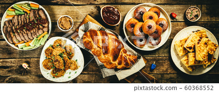 Selection of traditional hanukkah food for festive dinner, wood background Selection of traditional hanukkah food for festive dinner, wood background 60368552
