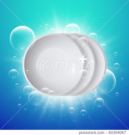 Clean dish. Shiny white plates washing. Realistic ceramic serving and soap bubbles vector background 60369067