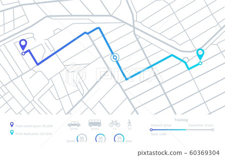 GPS navigation. Planning routes. Mobile navigating map with location city streets. Distance tracking. Vector dashboard interface elements 60369304