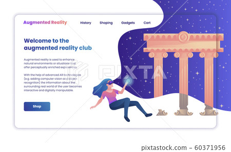 Virtual reality colorful vector first screen template with the girl near the ancient temple for web and printing. 60371956