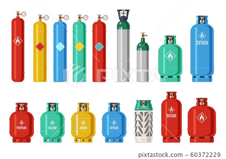Gas cylinders. Lpg propane container, oxygen gas cylinder and canister. Fuel storage liquefied compressed gas high pressure vector set Gas cylinders. Lpg propane container, oxygen gas cylinder and canister. Fuel storage liquefied compressed gas high pressure vector set 60372229