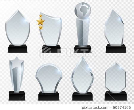 Glass award. Transparent crystal trophy, acrylic achievement and winner prize isolated vector set 60374166