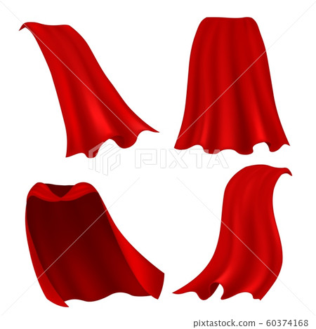 Red cape. Realistic draped scarlet cloak front, side and back view, silk mantle model clothing, carnival costume accessories vector set 60374168