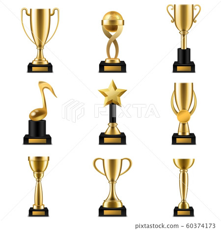 Trophy cup. Realistic golden trophy cups and prize in different shapes, triumph champions, celebration sports winner awards vector set 60374173