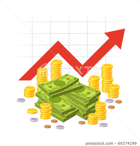 Cartoon savings value growth. Money profit with red rising up graph arrow and cash pile. Economic growth business investment vector concept Cartoon savings value growth. Money profit with red rising up graph arrow and cash pile. Economic growth business investment vector concept 60374299