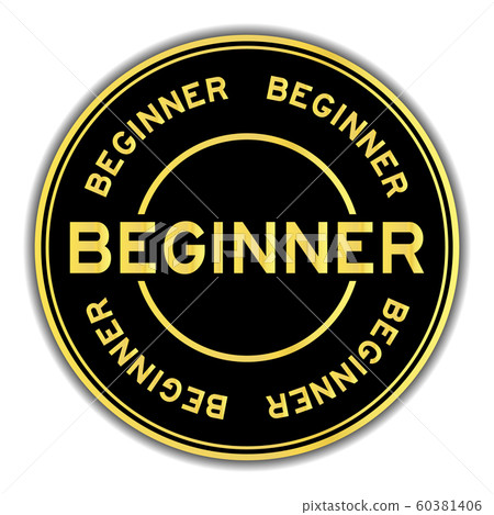 Gold color beginner word round sticker on white background 60381406