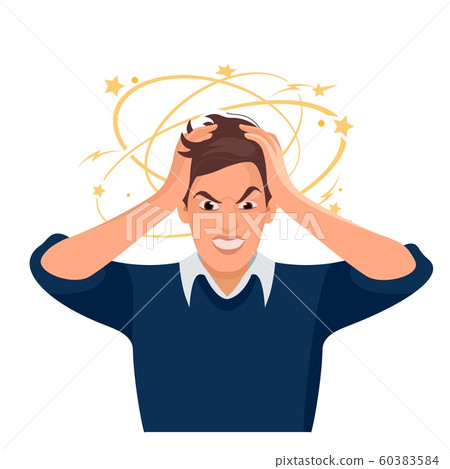 Stressed and frustrated man squeezing head with hands. Vector 60383584