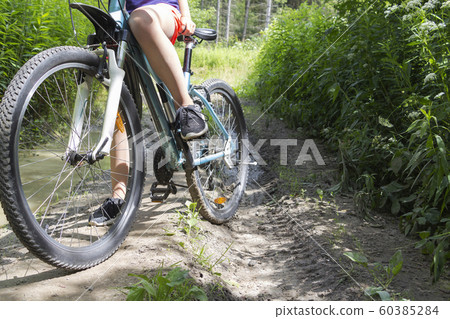 Low angle view of cyclist riding mountain bike on 60385284