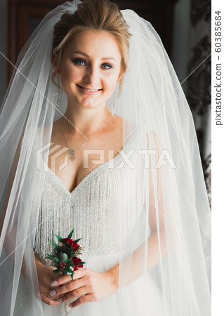 Portrait of beautiful bride with fashion veil at wedding morning 60385684