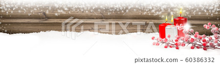 Red Candles Bauble Branch on Wooden Background 60386332