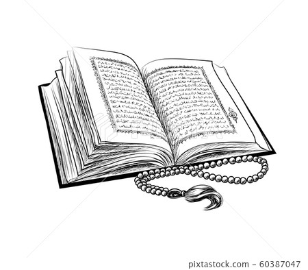 Holy book of Koran with rosary. Muslim holiday, Eid Mubarak, Eid al-fitr, Ramadan Kareem. Hand drawn sketch 60387047