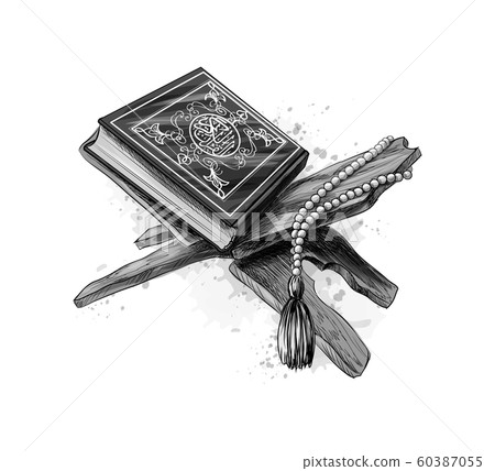 Holy book of Koran with rosary. Muslim holiday, Eid Mubarak, Eid al-fitr, Ramadan Kareem. Hand drawn sketch 60387055