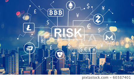 Cryptocurrency risk theme with aerial view of city skylines Cryptocurrency risk theme with aerial view of city skylines 60387401